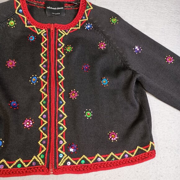 Vintage Michael Simon Women L Christmas Embroidered Full Zip Cardigan Sweater - Picture 14 of 16